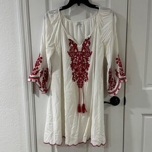 Chic Connection White & Red Embroidered Tunic Dress‎ - Size L